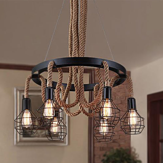 Black Multi Light Chandelier Pendant Light Vintage Style Metal Global/Bell Cage Pendant Lamp with Rope Clearhalo 'Ceiling Lights' 'Chandeliers' 'Industrial Chandeliers' 'Industrial' 'Middle Century Chandeliers' 'Tiffany' Lighting' 248384