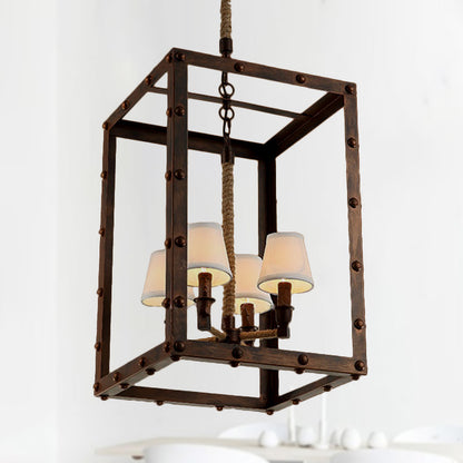 Iron Cage Rectangular Pendant Lighting Antique 4/8 Lights Living Room Chandelier Lamp with Inner Fabric Cone Shade in Rust 4 Rust Clearhalo 'Cast Iron' 'Ceiling Lights' 'Chandeliers' 'Industrial Chandeliers' 'Industrial' 'Metal' 'Middle Century Chandeliers' 'Rustic Chandeliers' 'Tiffany' Lighting' 248414