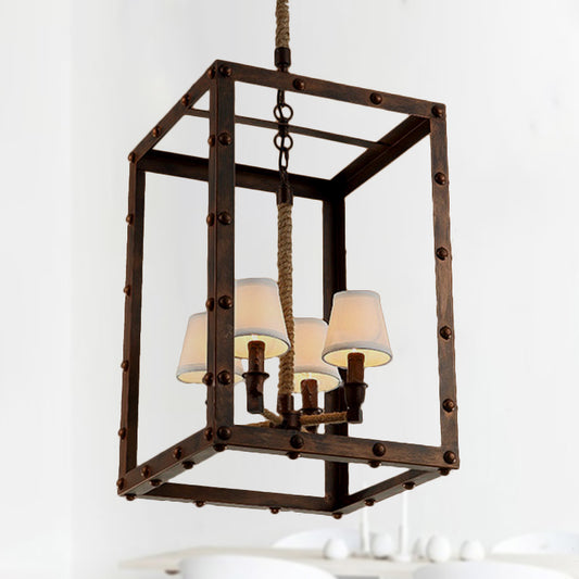 Iron Cage Rectangular Pendant Lighting Antique 4/8 Lights Living Room Chandelier Lamp with Inner Fabric Cone Shade in Rust 4 Rust