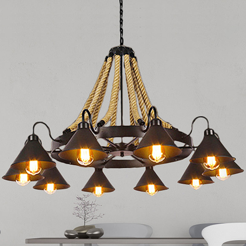 Metallic Cone Chandelier Lamp Farmhouse 6/8 Lights Restaurant Pendant Lighting with Rope Detail in Black 10 Black Clearhalo 'Ceiling Lights' 'Chandeliers' 'Industrial Chandeliers' 'Industrial' 'Middle Century Chandeliers' 'Tiffany' Lighting' 248417