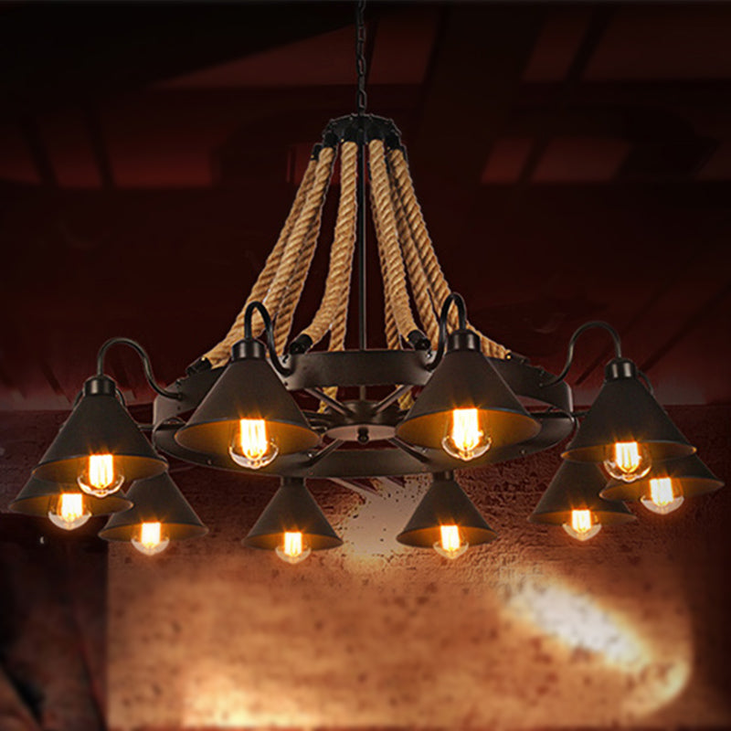 Metallic Cone Chandelier Lamp Farmhouse 6/8 Lights Restaurant Pendant Lighting with Rope Detail in Black Clearhalo 'Ceiling Lights' 'Chandeliers' 'Industrial Chandeliers' 'Industrial' 'Middle Century Chandeliers' 'Tiffany' Lighting' 248418