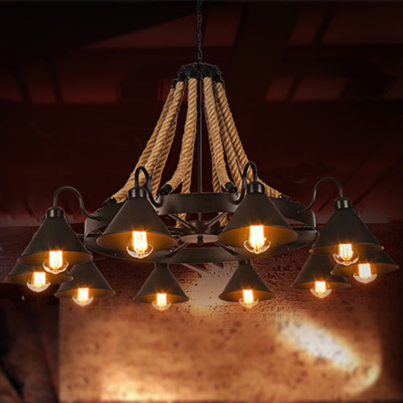Metallic Cone Chandelier Lamp Farmhouse 6/8 Lights Restaurant Pendant Lighting with Rope Detail in Black Clearhalo 'Ceiling Lights' 'Chandeliers' 'Industrial Chandeliers' 'Industrial' 'Middle Century Chandeliers' 'Tiffany' Lighting' 248418