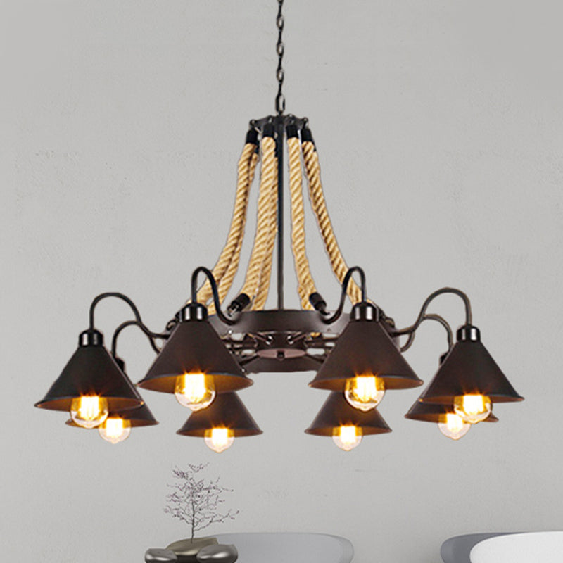 Metallic Cone Chandelier Lamp Farmhouse 6/8 Lights Restaurant Pendant Lighting with Rope Detail in Black 8 Black Clearhalo 'Ceiling Lights' 'Chandeliers' 'Industrial Chandeliers' 'Industrial' 'Middle Century Chandeliers' 'Tiffany' Lighting' 248419