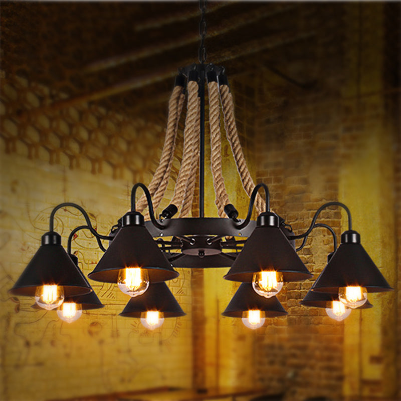 Metallic Cone Chandelier Lamp Farmhouse 6/8 Lights Restaurant Pendant Lighting with Rope Detail in Black Clearhalo 'Ceiling Lights' 'Chandeliers' 'Industrial Chandeliers' 'Industrial' 'Middle Century Chandeliers' 'Tiffany' Lighting' 248420