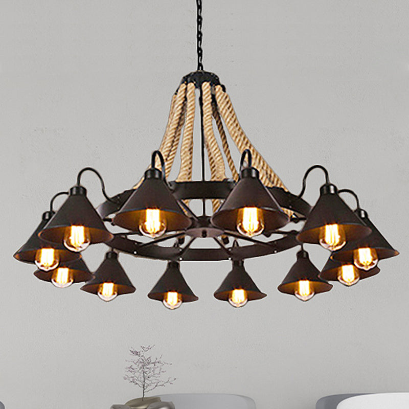 Metallic Cone Chandelier Lamp Farmhouse 6/8 Lights Restaurant Pendant Lighting with Rope Detail in Black 12 Black Clearhalo 'Ceiling Lights' 'Chandeliers' 'Industrial Chandeliers' 'Industrial' 'Middle Century Chandeliers' 'Tiffany' Lighting' 248421