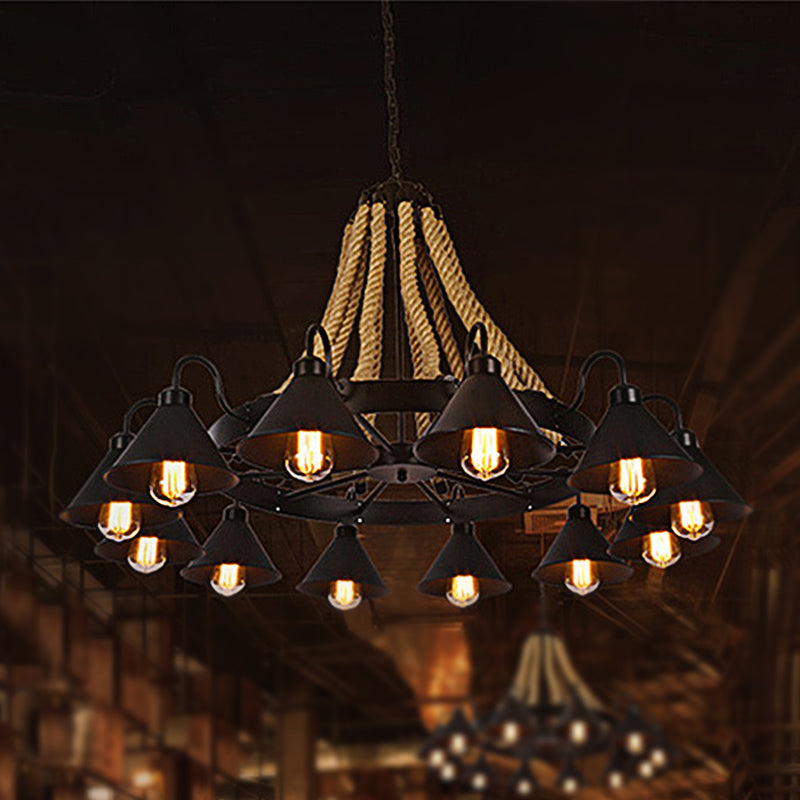 Metallic Cone Chandelier Lamp Farmhouse 6/8 Lights Restaurant Pendant Lighting with Rope Detail in Black Clearhalo 'Ceiling Lights' 'Chandeliers' 'Industrial Chandeliers' 'Industrial' 'Middle Century Chandeliers' 'Tiffany' Lighting' 248422