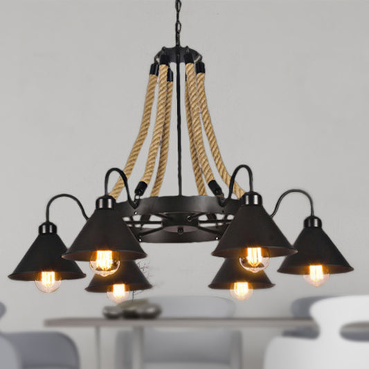 Metallic Cone Chandelier Lamp Farmhouse 6/8 Lights Restaurant Pendant Lighting with Rope Detail in Black 6 Black Clearhalo 'Ceiling Lights' 'Chandeliers' 'Industrial Chandeliers' 'Industrial' 'Middle Century Chandeliers' 'Tiffany' Lighting' 248423