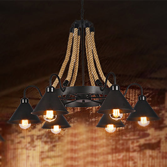 Metallic Cone Chandelier Lamp Farmhouse 6/8 Lights Restaurant Pendant Lighting with Rope Detail in Black Clearhalo 'Ceiling Lights' 'Chandeliers' 'Industrial Chandeliers' 'Industrial' 'Middle Century Chandeliers' 'Tiffany' Lighting' 248424