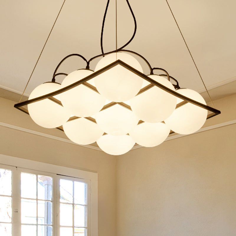 Globe Living Room Ceiling Chandelier Traditional Frosted Glass 4/9 Lights White Hanging Fixture with Square Frame Clearhalo 'Ceiling Lights' 'Chandeliers' Lighting' options 248434