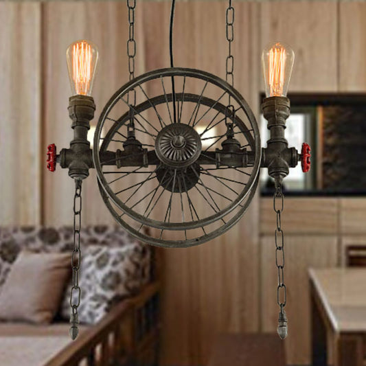 Rustic Style Exposed Bulb Hanging Light with Wheel Design 2 Lights Wrought Iron Pendant Chandelier in Bronze Clearhalo 'Cast Iron' 'Ceiling Lights' 'Chandeliers' 'Industrial Chandeliers' 'Industrial' 'Metal' 'Middle Century Chandeliers' 'Rustic Chandeliers' 'Tiffany' Lighting' 248437