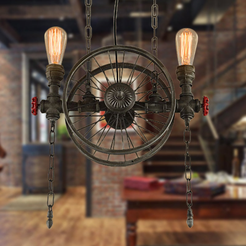 Rustic Style Exposed Bulb Hanging Light with Wheel Design 2 Lights Wrought Iron Pendant Chandelier in Bronze Clearhalo 'Cast Iron' 'Ceiling Lights' 'Chandeliers' 'Industrial Chandeliers' 'Industrial' 'Metal' 'Middle Century Chandeliers' 'Rustic Chandeliers' 'Tiffany' Lighting' 248438