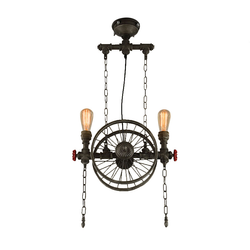 Rustic Style Exposed Bulb Hanging Light with Wheel Design 2 Lights Wrought Iron Pendant Chandelier in Bronze Clearhalo 'Cast Iron' 'Ceiling Lights' 'Chandeliers' 'Industrial Chandeliers' 'Industrial' 'Metal' 'Middle Century Chandeliers' 'Rustic Chandeliers' 'Tiffany' Lighting' 248439