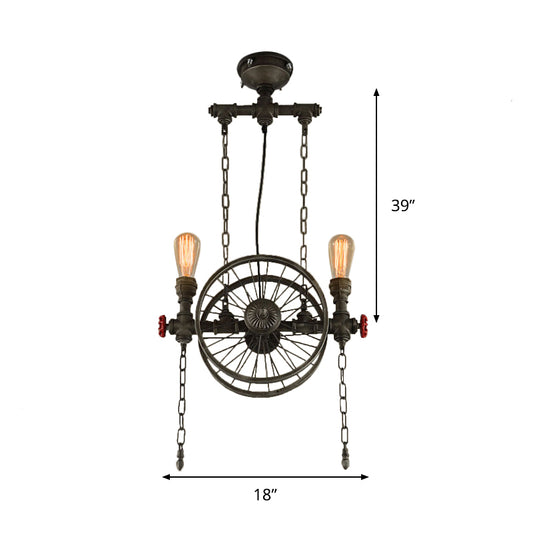 Rustic Style Exposed Bulb Hanging Light with Wheel Design 2 Lights Wrought Iron Pendant Chandelier in Bronze Clearhalo 'Cast Iron' 'Ceiling Lights' 'Chandeliers' 'Industrial Chandeliers' 'Industrial' 'Metal' 'Middle Century Chandeliers' 'Rustic Chandeliers' 'Tiffany' Lighting' 248440
