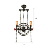 Rustic Style Exposed Bulb Hanging Light with Wheel Design 2 Lights Wrought Iron Pendant Chandelier in Bronze Clearhalo 'Cast Iron' 'Ceiling Lights' 'Chandeliers' 'Industrial Chandeliers' 'Industrial' 'Metal' 'Middle Century Chandeliers' 'Rustic Chandeliers' 'Tiffany' Lighting' 248440