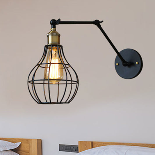 Black Globe/Teardrop Wall Sconce Lighting with Cage Shade Retro Metal 1 Light Arm Adjustable Wall Mount Light Black Teardrop Clearhalo 'Art deco wall lights' 'Cast Iron' 'Glass' 'Industrial wall lights' 'Industrial' 'Middle century wall lights' 'Modern' 'Rustic wall lights' 'Tiffany' 'Traditional wall lights' 'Wall Lamps & Sconces' 'Wall Lights' Lighting' 248445