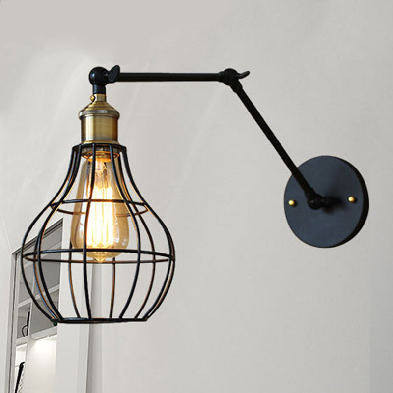 Black Globe/Teardrop Wall Sconce Lighting with Cage Shade Retro Metal 1 Light Arm Adjustable Wall Mount Light Clearhalo 'Art deco wall lights' 'Cast Iron' 'Glass' 'Industrial wall lights' 'Industrial' 'Middle century wall lights' 'Modern' 'Rustic wall lights' 'Tiffany' 'Traditional wall lights' 'Wall Lamps & Sconces' 'Wall Lights' Lighting' 248446