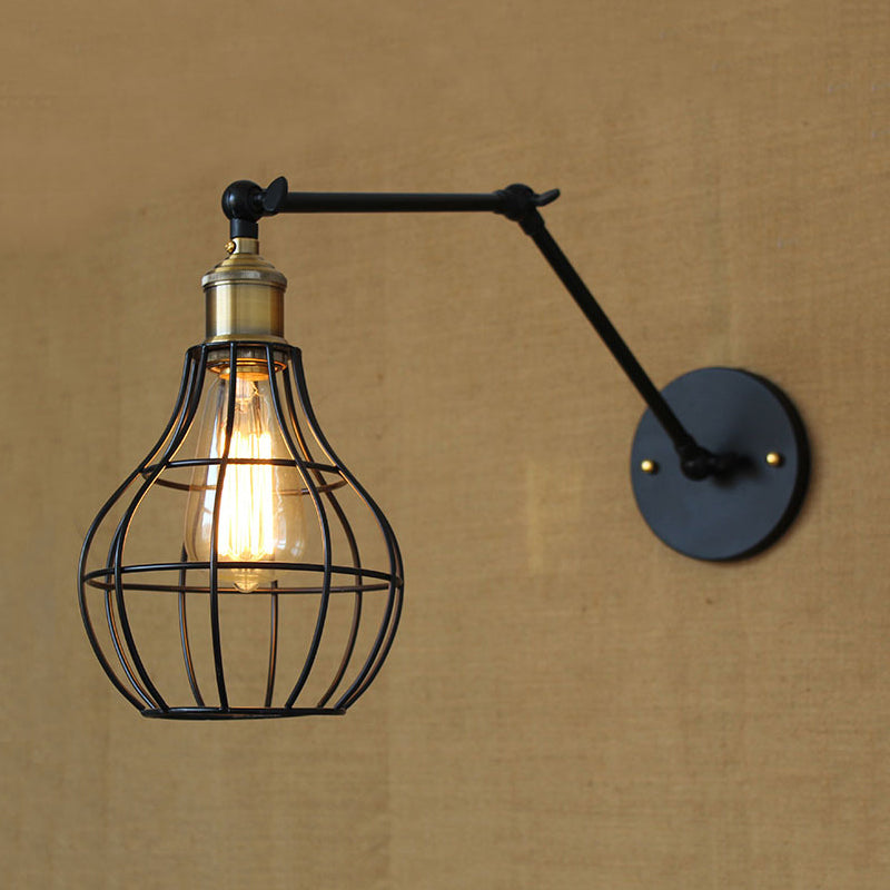 Black Globe/Teardrop Wall Sconce Lighting with Cage Shade Retro Metal 1 Light Arm Adjustable Wall Mount Light Clearhalo 'Art deco wall lights' 'Cast Iron' 'Glass' 'Industrial wall lights' 'Industrial' 'Middle century wall lights' 'Modern' 'Rustic wall lights' 'Tiffany' 'Traditional wall lights' 'Wall Lamps & Sconces' 'Wall Lights' Lighting' 248447