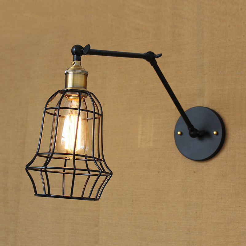 Black Globe/Teardrop Wall Sconce Lighting with Cage Shade Retro Metal 1 Light Arm Adjustable Wall Mount Light Clearhalo 'Art deco wall lights' 'Cast Iron' 'Glass' 'Industrial wall lights' 'Industrial' 'Middle century wall lights' 'Modern' 'Rustic wall lights' 'Tiffany' 'Traditional wall lights' 'Wall Lamps & Sconces' 'Wall Lights' Lighting' 248449