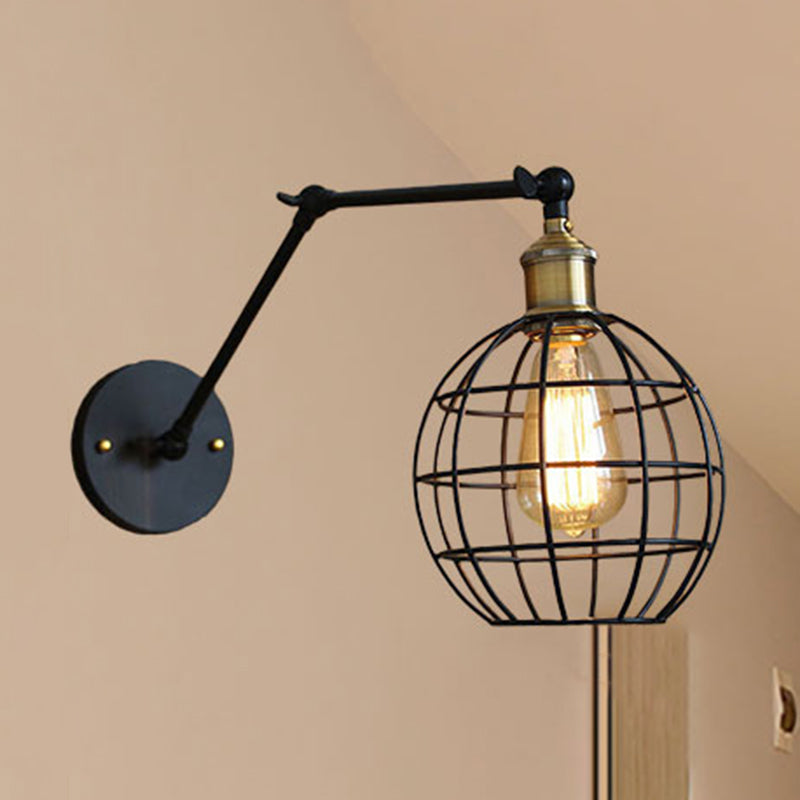 Black Globe/Teardrop Wall Sconce Lighting with Cage Shade Retro Metal 1 Light Arm Adjustable Wall Mount Light Black Globe Clearhalo 'Art deco wall lights' 'Cast Iron' 'Glass' 'Industrial wall lights' 'Industrial' 'Middle century wall lights' 'Modern' 'Rustic wall lights' 'Tiffany' 'Traditional wall lights' 'Wall Lamps & Sconces' 'Wall Lights' Lighting' 248452