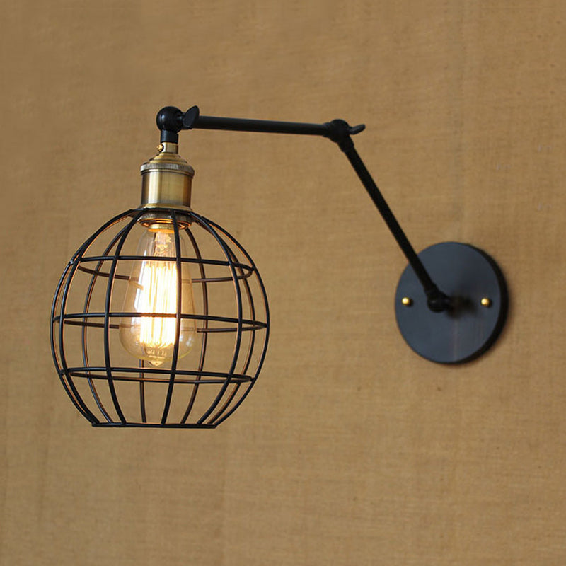 Black Globe/Teardrop Wall Sconce Lighting with Cage Shade Retro Metal 1 Light Arm Adjustable Wall Mount Light Clearhalo 'Art deco wall lights' 'Cast Iron' 'Glass' 'Industrial wall lights' 'Industrial' 'Middle century wall lights' 'Modern' 'Rustic wall lights' 'Tiffany' 'Traditional wall lights' 'Wall Lamps & Sconces' 'Wall Lights' Lighting' 248453