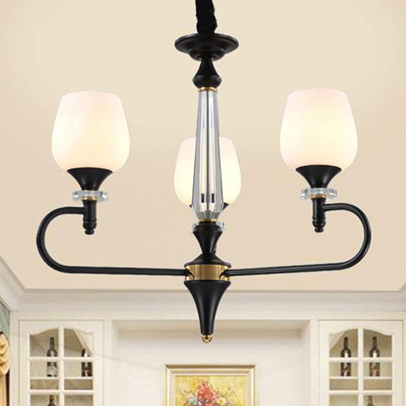 3/6 Lights Opal Glass Hanging Chandelier Traditional Matte Black Cone Living Room Pendant Light Fixture 3 Black Clearhalo 'Ceiling Lights' 'Chandeliers' Lighting' options 248469_2d71cdd6-9635-4932-848b-8ff444b70240