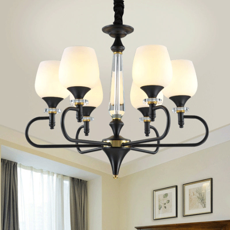 3/6 Lights Opal Glass Hanging Chandelier Traditional Matte Black Cone Living Room Pendant Light Fixture 6 Black Clearhalo 'Ceiling Lights' 'Chandeliers' Lighting' options 248471_fc2ede73-e657-4033-937c-57b770d90a0f
