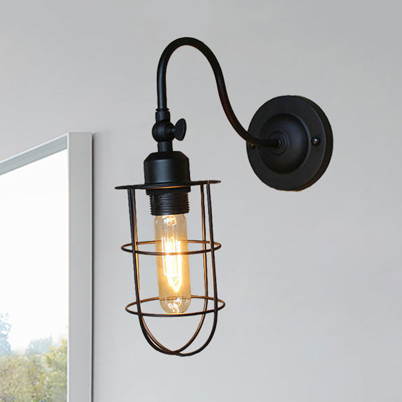 Black Globe/Oval Cage Wall Mount Light with Gooseneck Arm Retro Style Metallic 1 Head Bedroom Mini Wall Lamp Black Oval Clearhalo 'Art deco wall lights' 'Cast Iron' 'Glass' 'Industrial wall lights' 'Industrial' 'Middle century wall lights' 'Modern' 'Rustic wall lights' 'Tiffany' 'Traditional wall lights' 'Wall Lamps & Sconces' 'Wall Lights' Lighting' 248502