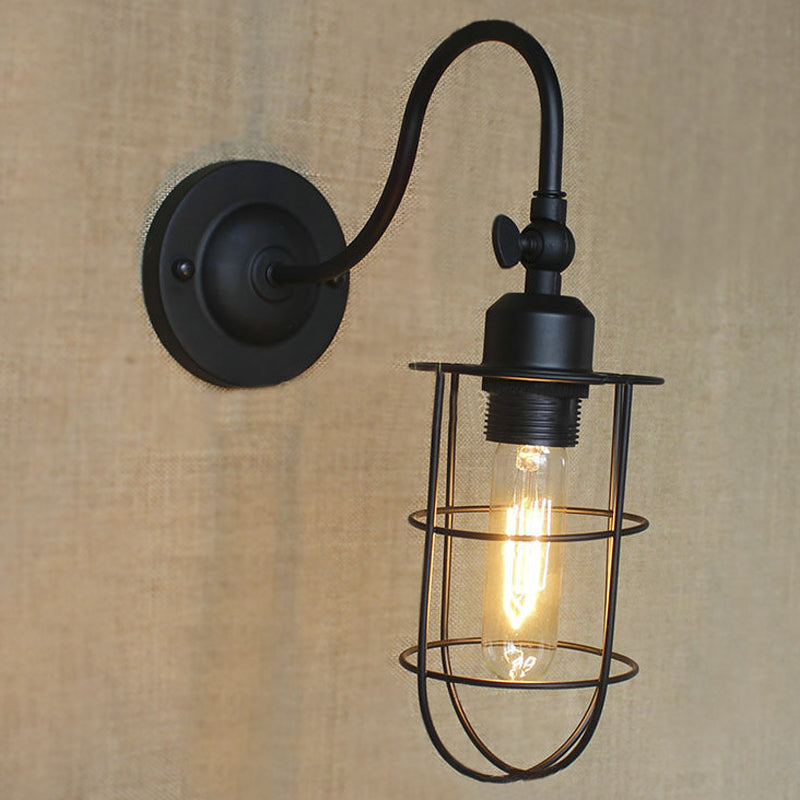 Black Globe/Oval Cage Wall Mount Light with Gooseneck Arm Retro Style Metallic 1 Head Bedroom Mini Wall Lamp Clearhalo 'Art deco wall lights' 'Cast Iron' 'Glass' 'Industrial wall lights' 'Industrial' 'Middle century wall lights' 'Modern' 'Rustic wall lights' 'Tiffany' 'Traditional wall lights' 'Wall Lamps & Sconces' 'Wall Lights' Lighting' 248503