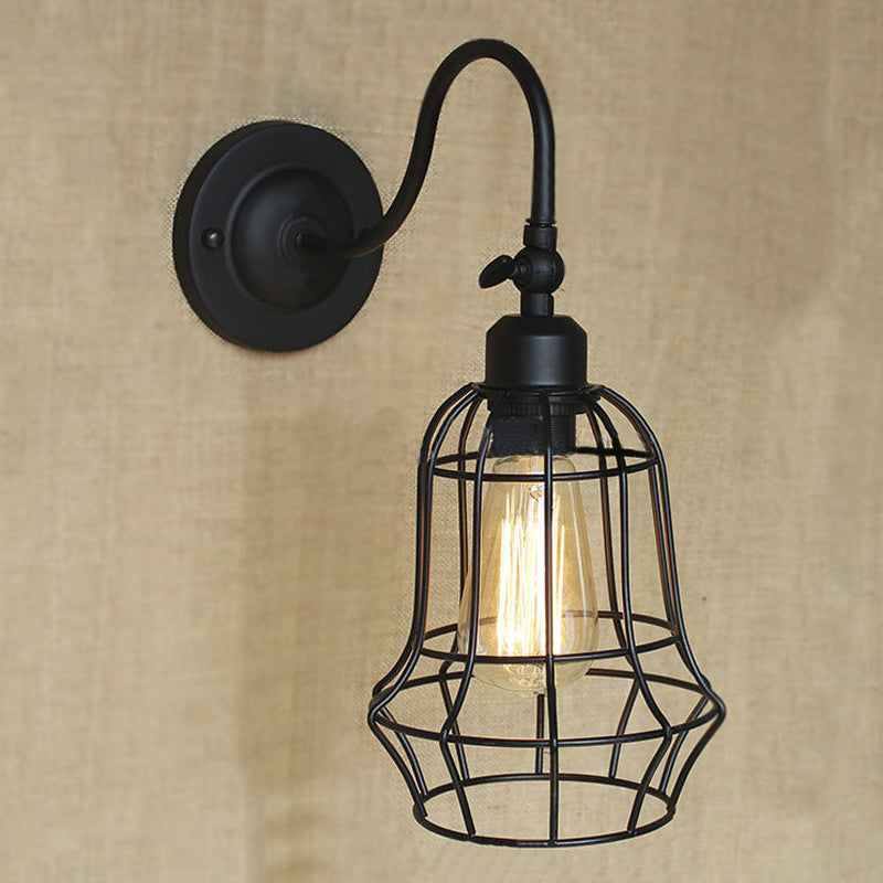 Black Globe/Oval Cage Wall Mount Light with Gooseneck Arm Retro Style Metallic 1 Head Bedroom Mini Wall Lamp Clearhalo 'Art deco wall lights' 'Cast Iron' 'Glass' 'Industrial wall lights' 'Industrial' 'Middle century wall lights' 'Modern' 'Rustic wall lights' 'Tiffany' 'Traditional wall lights' 'Wall Lamps & Sconces' 'Wall Lights' Lighting' 248505