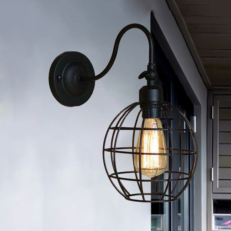 Black Globe/Oval Cage Wall Mount Light with Gooseneck Arm Retro Style Metallic 1 Head Bedroom Mini Wall Lamp Black Globe Clearhalo 'Art deco wall lights' 'Cast Iron' 'Glass' 'Industrial wall lights' 'Industrial' 'Middle century wall lights' 'Modern' 'Rustic wall lights' 'Tiffany' 'Traditional wall lights' 'Wall Lamps & Sconces' 'Wall Lights' Lighting' 248506