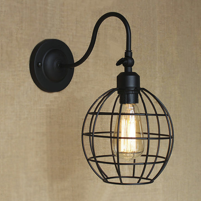 Black Globe/Oval Cage Wall Mount Light with Gooseneck Arm Retro Style Metallic 1 Head Bedroom Mini Wall Lamp Clearhalo 'Art deco wall lights' 'Cast Iron' 'Glass' 'Industrial wall lights' 'Industrial' 'Middle century wall lights' 'Modern' 'Rustic wall lights' 'Tiffany' 'Traditional wall lights' 'Wall Lamps & Sconces' 'Wall Lights' Lighting' 248507