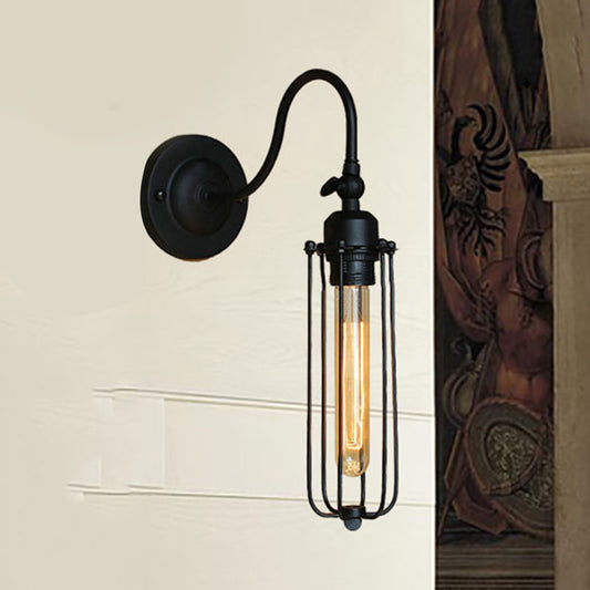 Black Globe/Oval Cage Wall Mount Light with Gooseneck Arm Retro Style Metallic 1 Head Bedroom Mini Wall Lamp Black Tube Clearhalo 'Art deco wall lights' 'Cast Iron' 'Glass' 'Industrial wall lights' 'Industrial' 'Middle century wall lights' 'Modern' 'Rustic wall lights' 'Tiffany' 'Traditional wall lights' 'Wall Lamps & Sconces' 'Wall Lights' Lighting' 248508