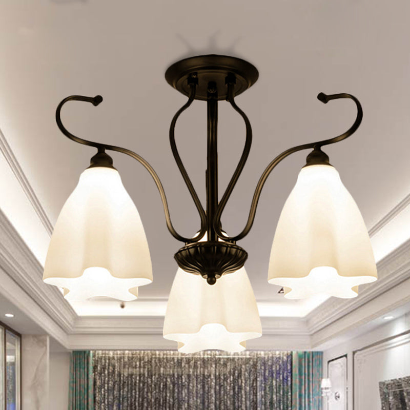 3/6/8 Lights White Glass Ceiling Light Fixture Classic Black Flower Shaped Living Room Semi Mount Lighting 3 White Clearhalo 'Ceiling Lights' 'Close To Ceiling Lights' 'Close to ceiling' 'Glass shade' 'Glass' 'Semi-flushmount' Lighting' 248540