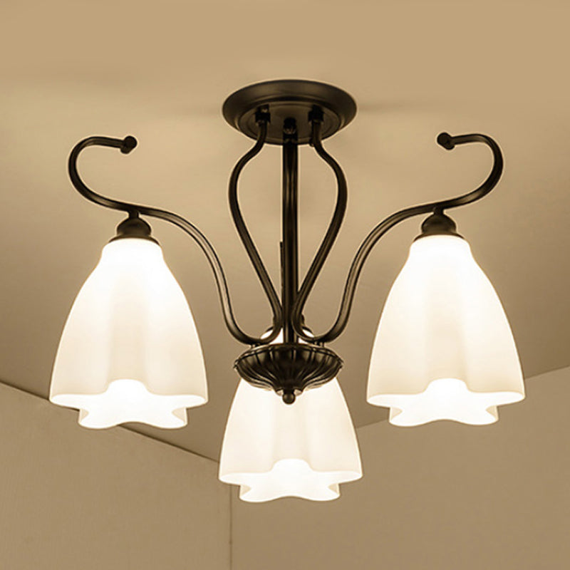 3/6/8 Lights White Glass Ceiling Light Fixture Classic Black Flower Shaped Living Room Semi Mount Lighting Clearhalo 'Ceiling Lights' 'Close To Ceiling Lights' 'Close to ceiling' 'Glass shade' 'Glass' 'Semi-flushmount' Lighting' 248541