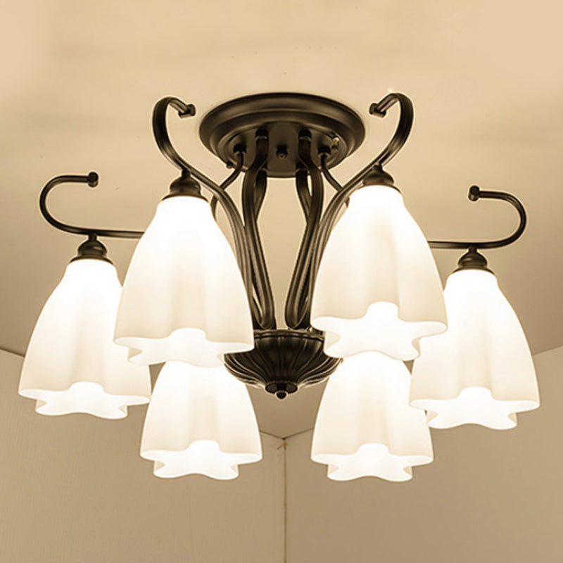 3/6/8 Lights White Glass Ceiling Light Fixture Classic Black Flower Shaped Living Room Semi Mount Lighting 6 White Clearhalo 'Ceiling Lights' 'Close To Ceiling Lights' 'Close to ceiling' 'Glass shade' 'Glass' 'Semi-flushmount' Lighting' 248542