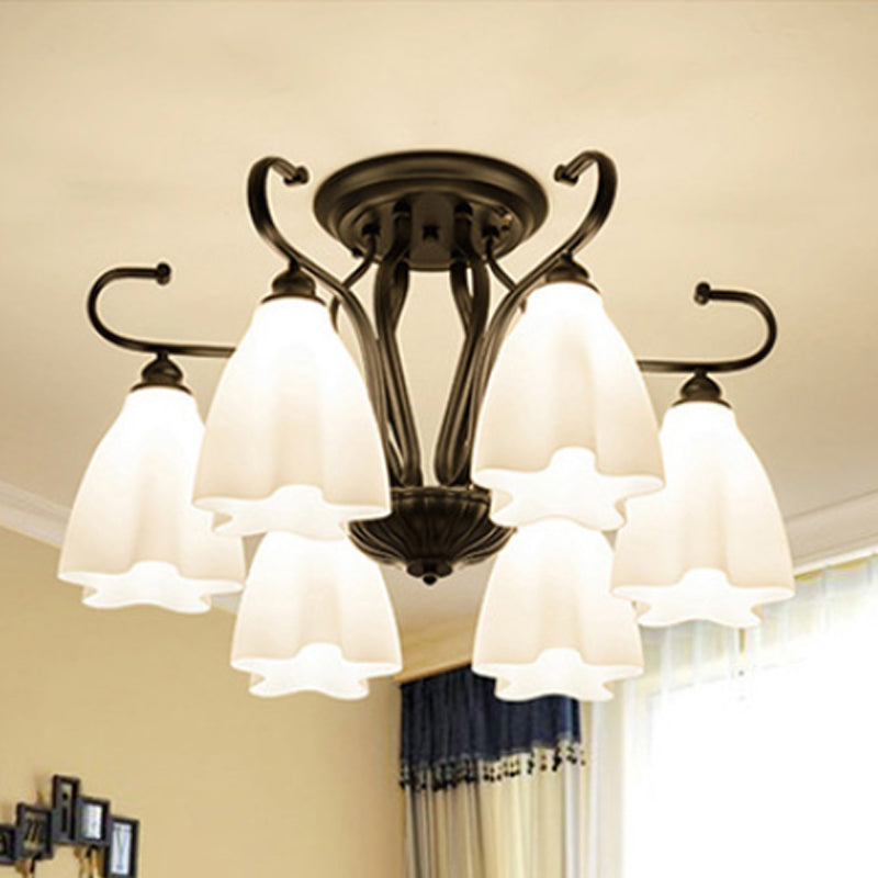 3/6/8 Lights White Glass Ceiling Light Fixture Classic Black Flower Shaped Living Room Semi Mount Lighting Clearhalo 'Ceiling Lights' 'Close To Ceiling Lights' 'Close to ceiling' 'Glass shade' 'Glass' 'Semi-flushmount' Lighting' 248543