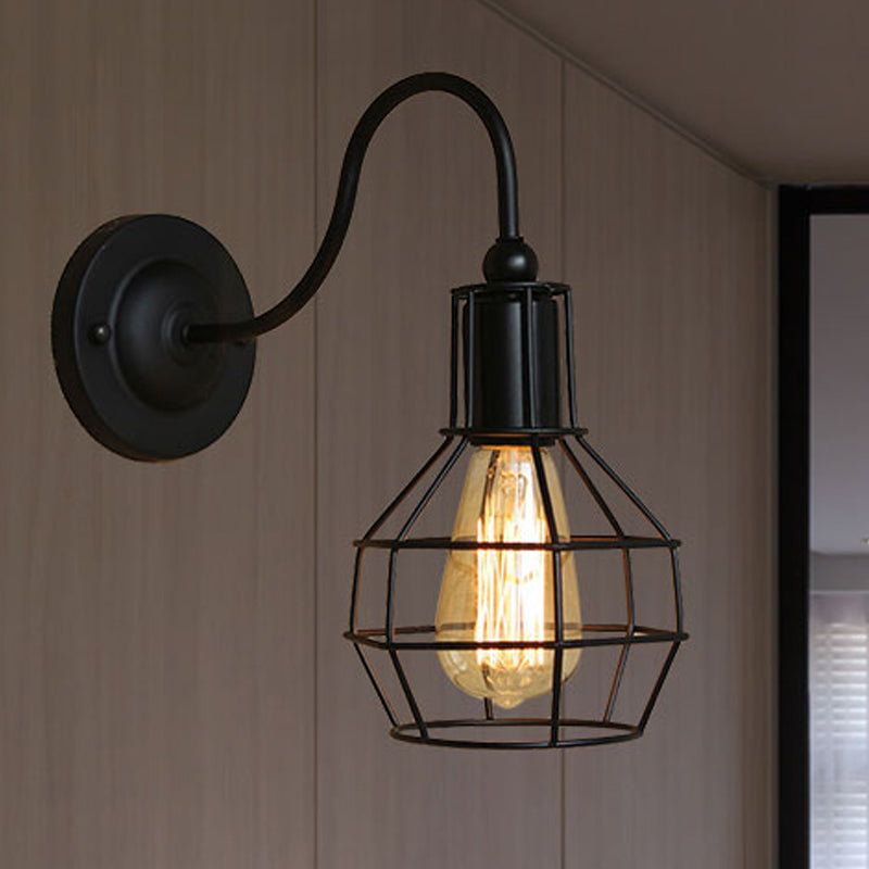 Metallic Black/Bronze Wall Lighting Global Cage 1 Head Vintage Industrial Wall Lamp with Gooseneck Arm Clearhalo 'Art deco wall lights' 'Cast Iron' 'Glass' 'Industrial wall lights' 'Industrial' 'Middle century wall lights' 'Modern' 'Rustic wall lights' 'Tiffany' 'Traditional wall lights' 'Wall Lamps & Sconces' 'Wall Lights' Lighting' 248547