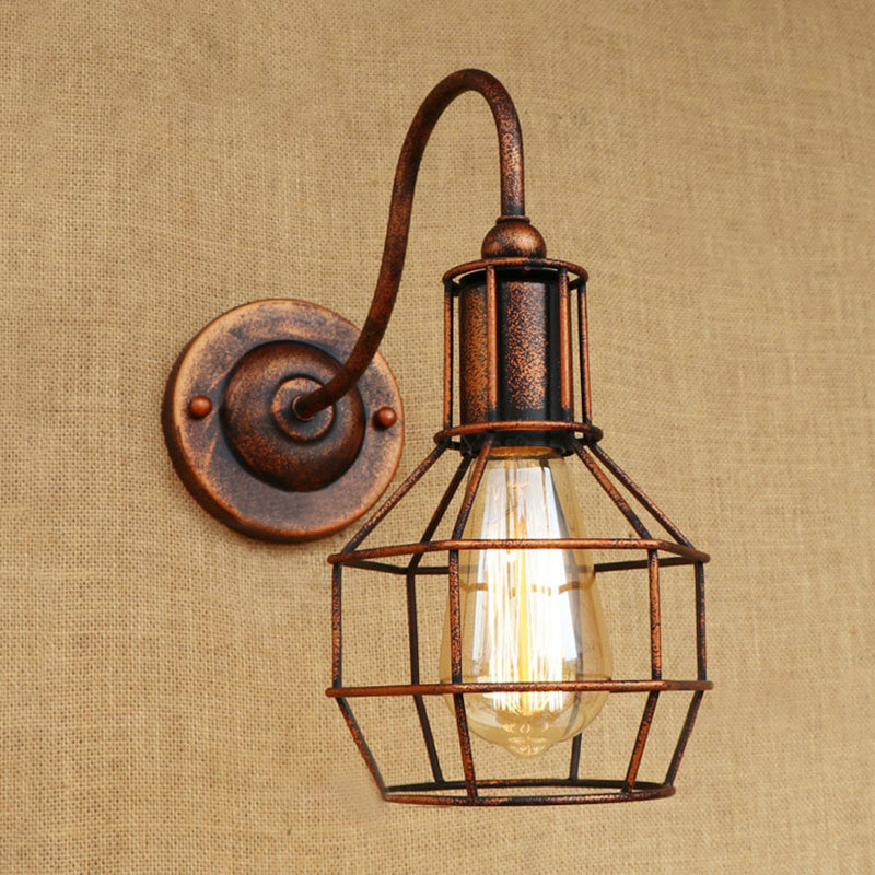 Metallic Black/Bronze Wall Lighting Global Cage 1 Head Vintage Industrial Wall Lamp with Gooseneck Arm Clearhalo 'Art deco wall lights' 'Cast Iron' 'Glass' 'Industrial wall lights' 'Industrial' 'Middle century wall lights' 'Modern' 'Rustic wall lights' 'Tiffany' 'Traditional wall lights' 'Wall Lamps & Sconces' 'Wall Lights' Lighting' 248551