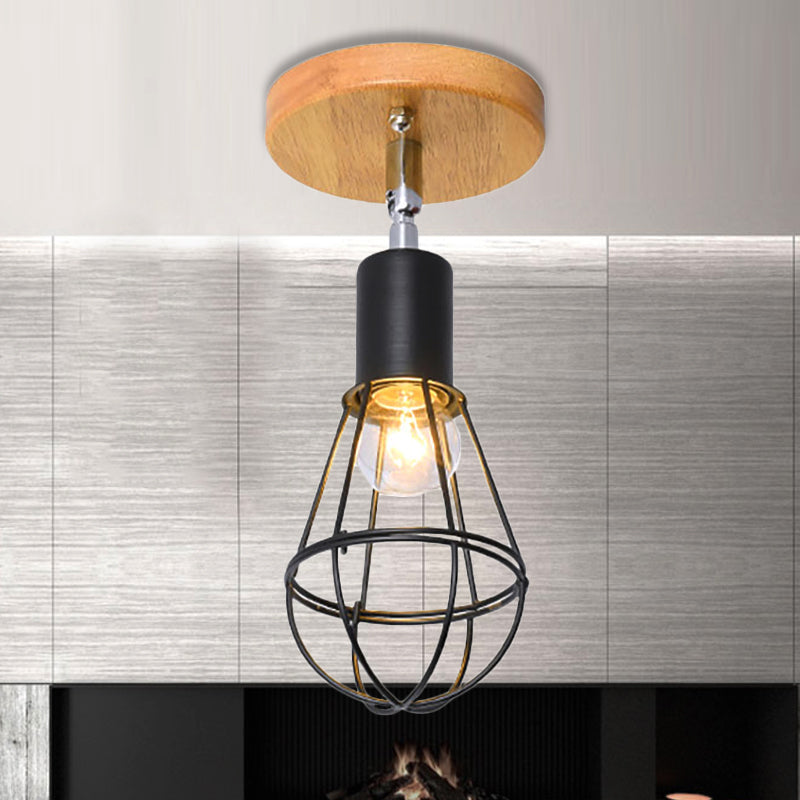1 Bulb Wire Cage Semi-Flush Ceiling Fixture Industrial Loft Black Metallic Rotatable Ceiling Mounted Fixture, 4"/5.5" Dia Clearhalo 'Ceiling Lights' 'Close To Ceiling Lights' 'Close to ceiling' 'Semi-flushmount' Lighting' 248566