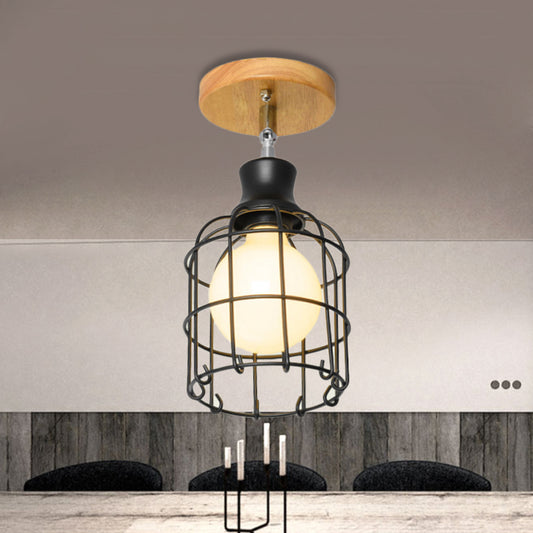 1 Bulb Wire Cage Semi-Flush Ceiling Fixture Industrial Loft Black Metallic Rotatable Ceiling Mounted Fixture, 4"/5.5" Dia Clearhalo 'Ceiling Lights' 'Close To Ceiling Lights' 'Close to ceiling' 'Semi-flushmount' Lighting' 248568