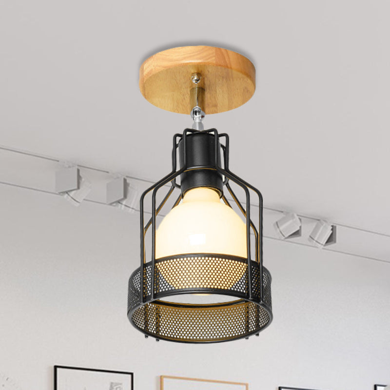 1 Bulb Wire Cage Semi-Flush Ceiling Fixture Industrial Loft Black Metallic Rotatable Ceiling Mounted Fixture, 4"/5.5" Dia Clearhalo 'Ceiling Lights' 'Close To Ceiling Lights' 'Close to ceiling' 'Semi-flushmount' Lighting' 248570