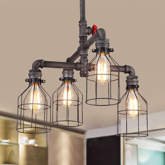 Antique Style Caged Chandelier Pendant Light with Water Pipe 4-Light Wrought Iron Ceiling Lighting in Rust Rust Clearhalo 'Cast Iron' 'Ceiling Lights' 'Chandeliers' 'Industrial Chandeliers' 'Industrial' 'Metal' 'Middle Century Chandeliers' 'Rustic Chandeliers' 'Tiffany' Lighting' 248594