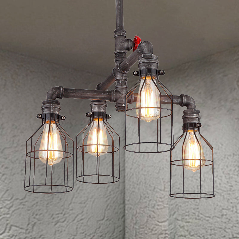 Antique Style Caged Chandelier Pendant Light with Water Pipe 4-Light Wrought Iron Ceiling Lighting in Rust Clearhalo 'Cast Iron' 'Ceiling Lights' 'Chandeliers' 'Industrial Chandeliers' 'Industrial' 'Metal' 'Middle Century Chandeliers' 'Rustic Chandeliers' 'Tiffany' Lighting' 248596