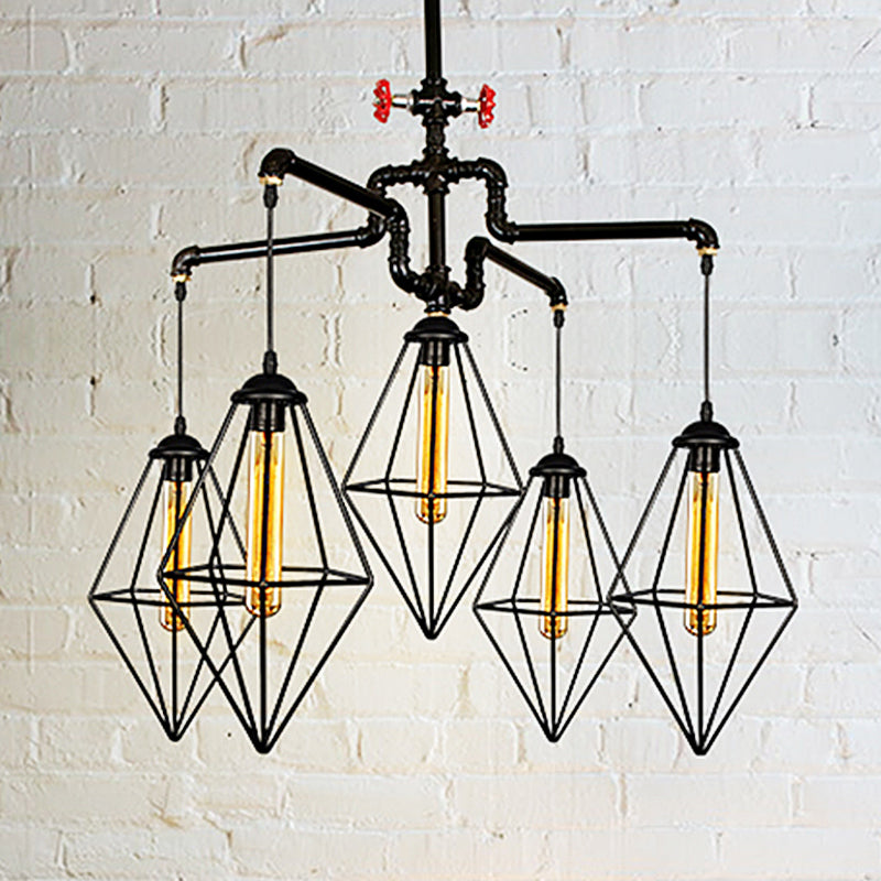 5 Lights Piping Ceiling Light Fixture with Diamond Cage Shade Industrial Style Black Metallic Chandelier Lamp Black Clearhalo 'Cast Iron' 'Ceiling Lights' 'Chandeliers' 'Industrial Chandeliers' 'Industrial' 'Metal' 'Middle Century Chandeliers' 'Rustic Chandeliers' 'Tiffany' Lighting' 248597