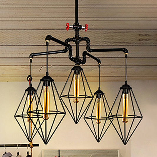 5 Lights Piping Ceiling Light Fixture with Diamond Cage Shade Industrial Style Black Metallic Chandelier Lamp Clearhalo 'Cast Iron' 'Ceiling Lights' 'Chandeliers' 'Industrial Chandeliers' 'Industrial' 'Metal' 'Middle Century Chandeliers' 'Rustic Chandeliers' 'Tiffany' Lighting' 248598