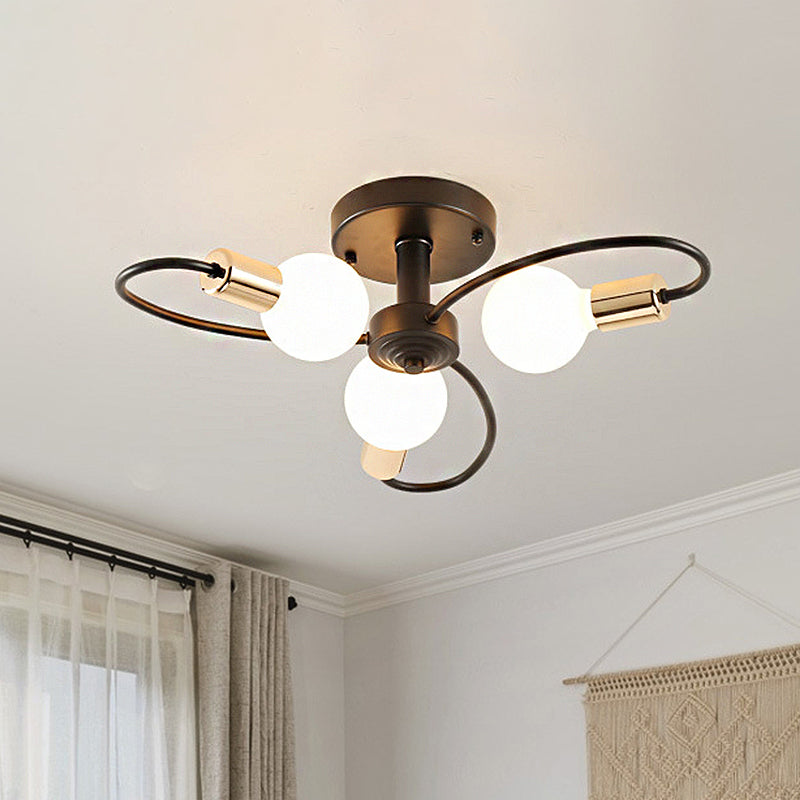 3/6/8 Lights Metal Semi Flush Light Traditional Black Exposed Bulb Living Room Ceiling Lighting 3 Black Clearhalo 'Ceiling Lights' 'Close To Ceiling Lights' 'Close to ceiling' 'Semi-flushmount' Lighting' 248614