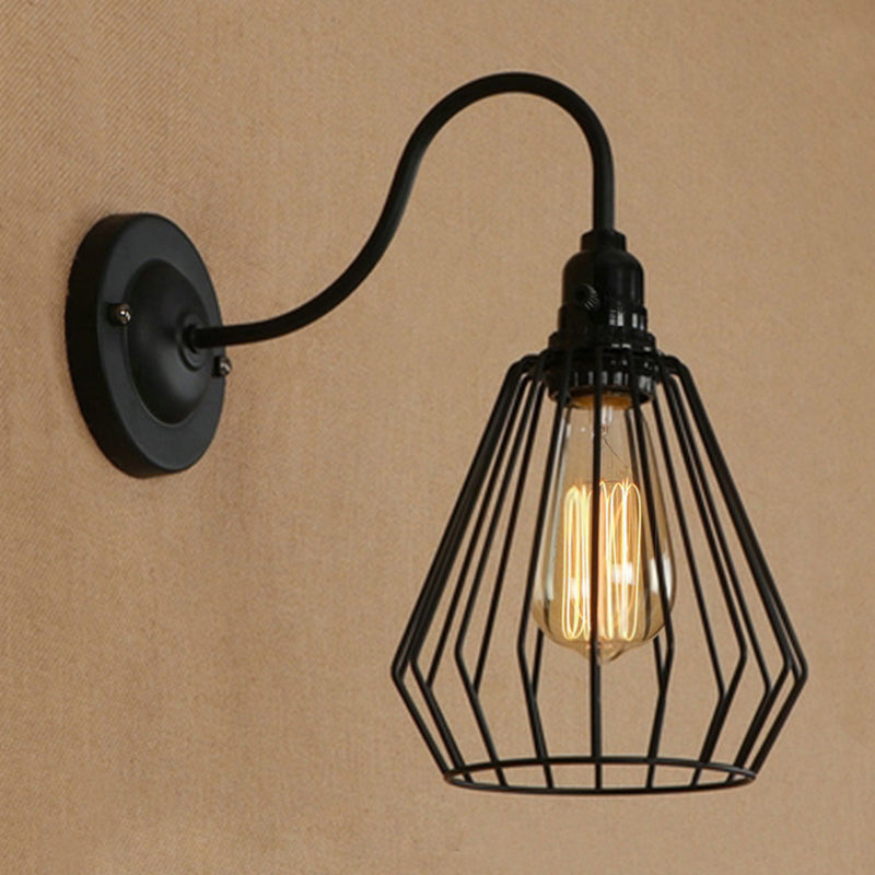 Gooseneck Arm Iron Wall Light Fixture with Cone/Cylinder/Barn Cage Shade Industrial 1 Head Living Room Wall Mount Light in Black Clearhalo 'Art deco wall lights' 'Cast Iron' 'Glass' 'Industrial wall lights' 'Industrial' 'Middle century wall lights' 'Modern' 'Rustic wall lights' 'Tiffany' 'Traditional wall lights' 'Wall Lamps & Sconces' 'Wall Lights' Lighting' 248626