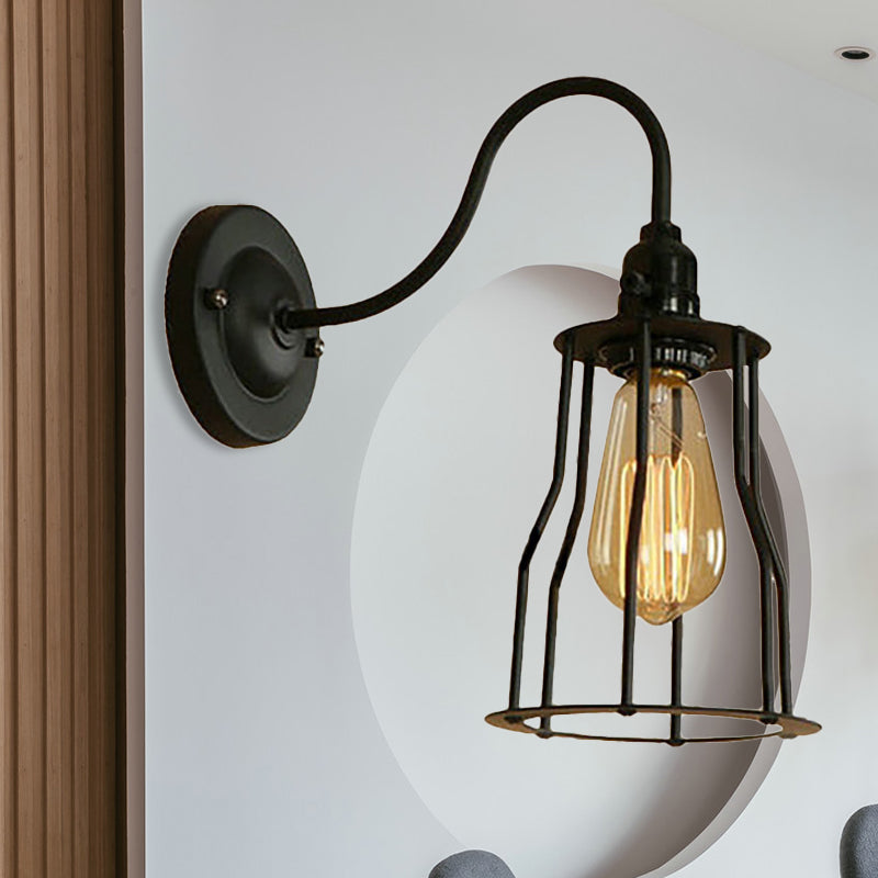 Gooseneck Arm Iron Wall Light Fixture with Cone/Cylinder/Barn Cage Shade Industrial 1 Head Living Room Wall Mount Light in Black Black Cylinder Clearhalo 'Art deco wall lights' 'Cast Iron' 'Glass' 'Industrial wall lights' 'Industrial' 'Middle century wall lights' 'Modern' 'Rustic wall lights' 'Tiffany' 'Traditional wall lights' 'Wall Lamps & Sconces' 'Wall Lights' Lighting' 248627