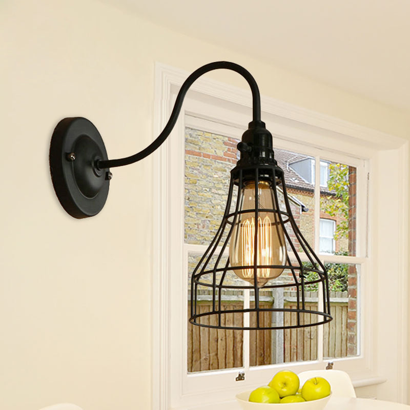 Gooseneck Arm Iron Wall Light Fixture with Cone/Cylinder/Barn Cage Shade Industrial 1 Head Living Room Wall Mount Light in Black Black Barn Clearhalo 'Art deco wall lights' 'Cast Iron' 'Glass' 'Industrial wall lights' 'Industrial' 'Middle century wall lights' 'Modern' 'Rustic wall lights' 'Tiffany' 'Traditional wall lights' 'Wall Lamps & Sconces' 'Wall Lights' Lighting' 248629