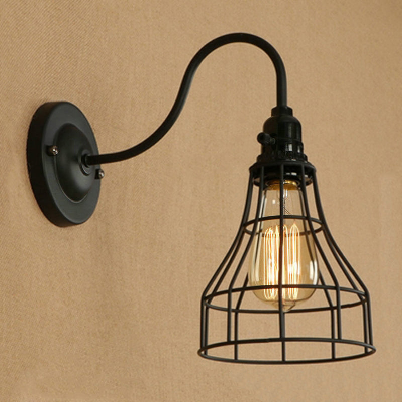 Gooseneck Arm Iron Wall Light Fixture with Cone/Cylinder/Barn Cage Shade Industrial 1 Head Living Room Wall Mount Light in Black Clearhalo 'Art deco wall lights' 'Cast Iron' 'Glass' 'Industrial wall lights' 'Industrial' 'Middle century wall lights' 'Modern' 'Rustic wall lights' 'Tiffany' 'Traditional wall lights' 'Wall Lamps & Sconces' 'Wall Lights' Lighting' 248630